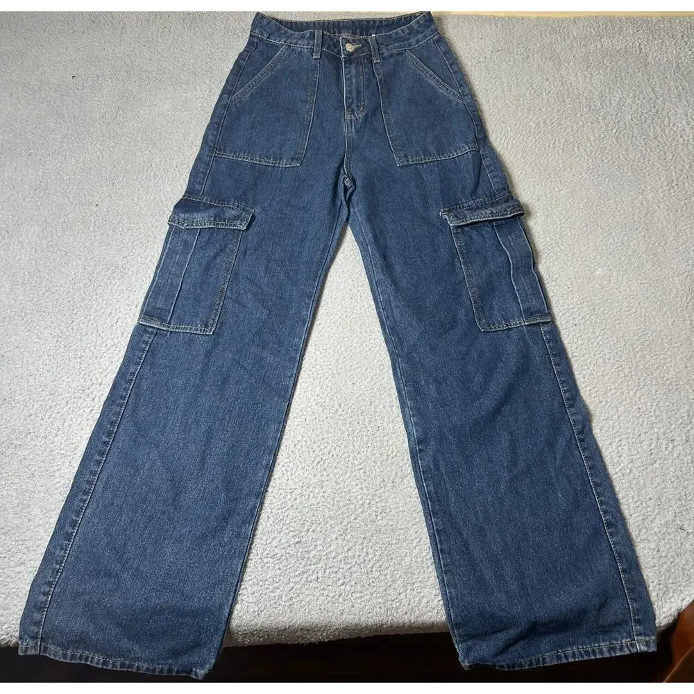 Womens Jeans XS 26 x 31 Blue Medium Wash Wide‎ Leg High Rise Denim Y2K 90s Boho